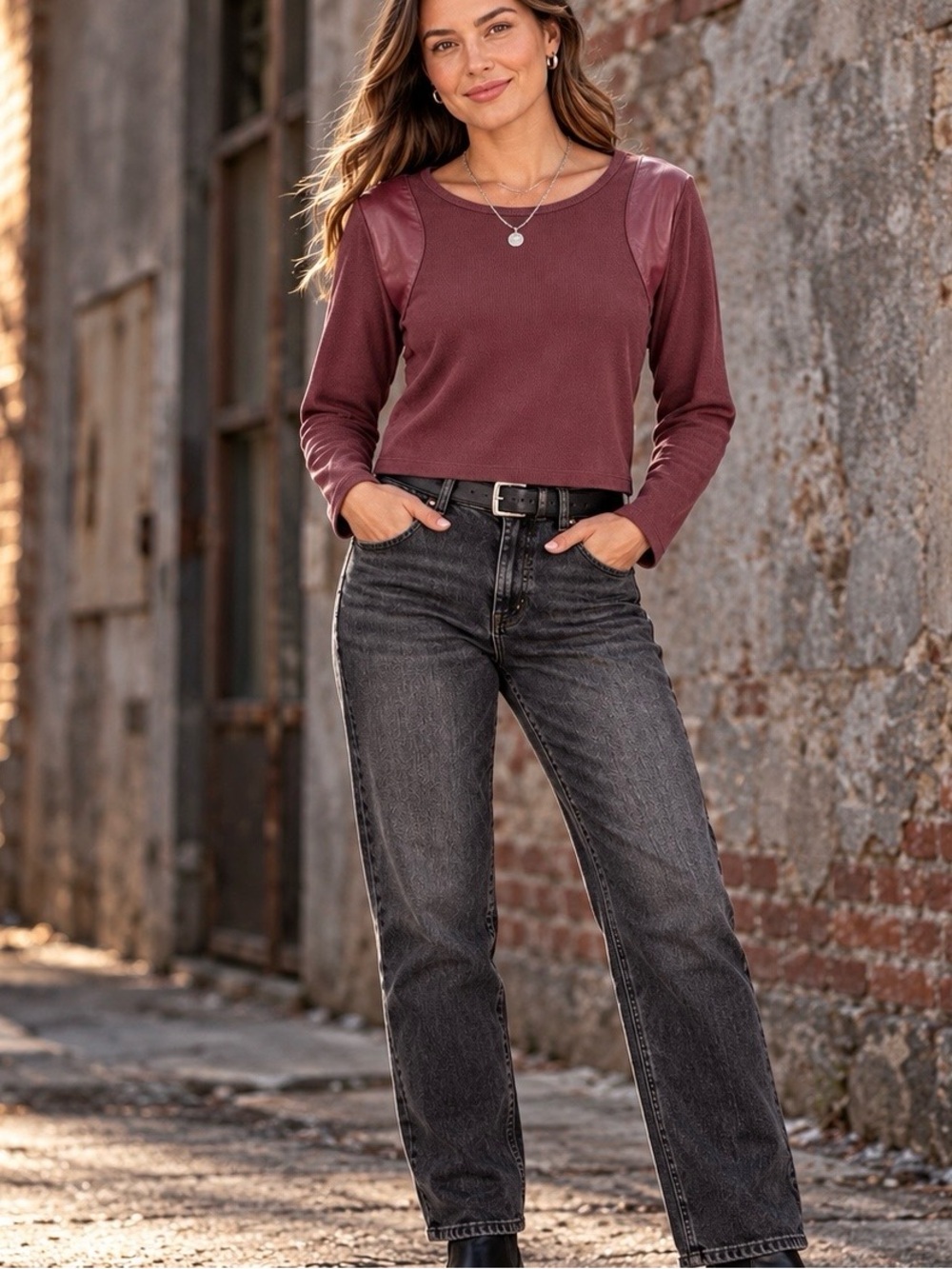 Anthropologie Maeve Burgundy Ribbed Top Large Leather Look Shoulder Panels